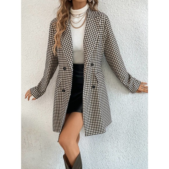 Gingham Print plaid oversized Blazer brown tan academia - Picture 6 of 6